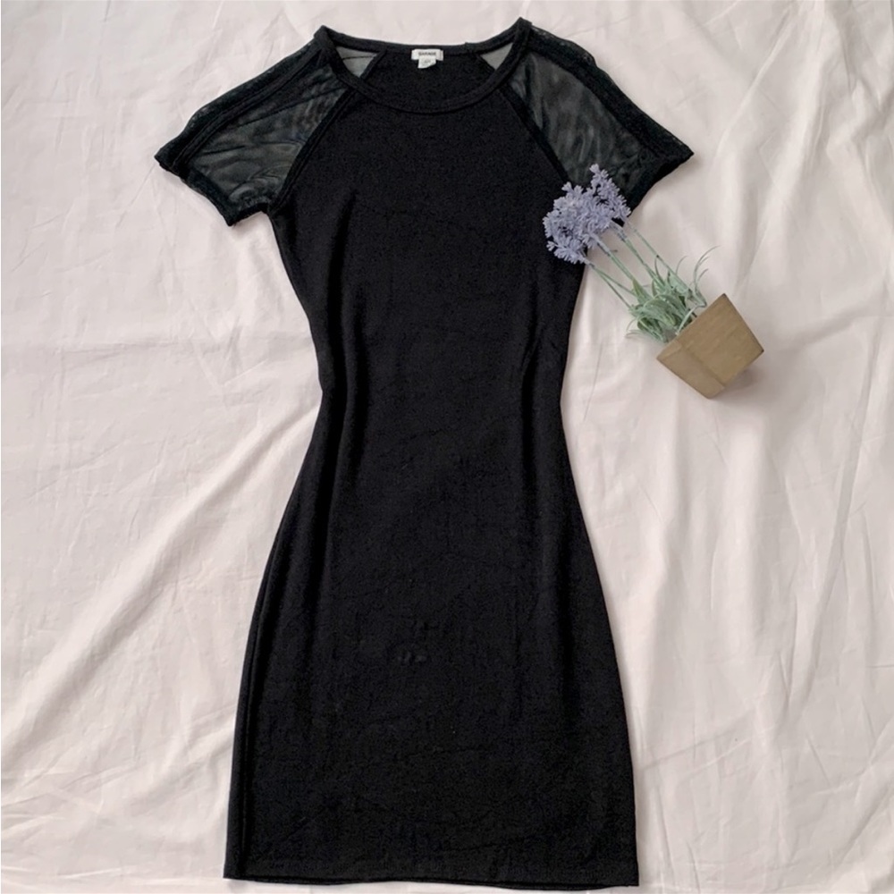 NWOT, Garage clothing black mini dress, mesh arm detail with stripes, Size S